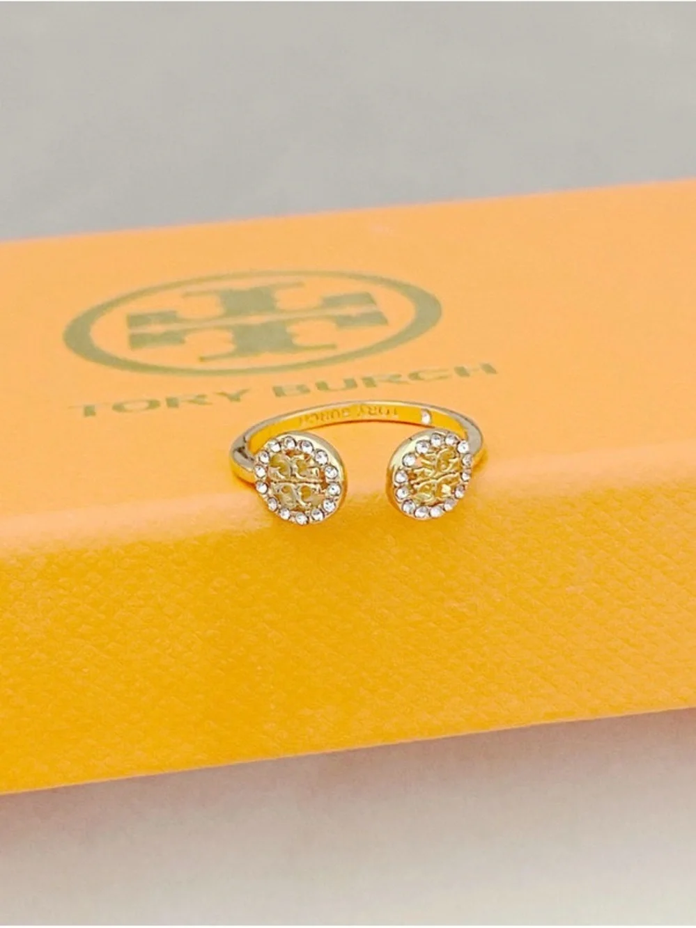 Tory Burch Gold Open Double-Emblem Crystal Ring